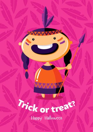 Halloween vector poster trick or treat with red Indian girl on seamless backgroundのイラスト素材