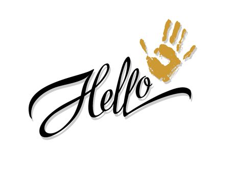 Hallo. Lettering. Calligraphic inscription. The palm print.  Design for printing. Vector.のイラスト素材