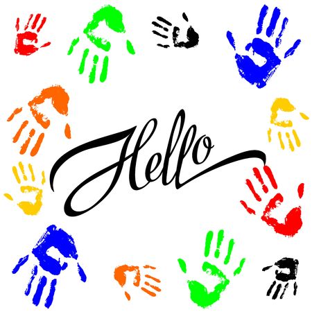 Hallo. Lettering. Calligraphic inscription. The palm prints. Frame. Colorful. Design for printing. Vector.のイラスト素材