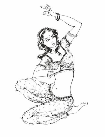 Indian girl. Indian dance. Dancer. Sketch.Coloring. Vector.のイラスト素材