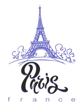Travel. The trip to France, Paris. Lettering. A sketch of the Eiffel tower. The design concept for the tourism industry. Vector illustration.のイラスト素材