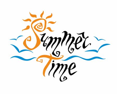 Summer time Lettering  Greeting with Sun, sea, seagulls. Design concept for tourism. Vector illustration.のイラスト素材