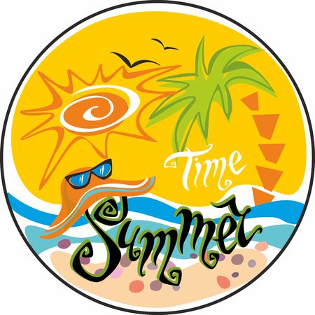 Summer time Lettering Greeting for Sun, seagulls. Sun hat and sunglasses. Sea and palm trees. Design concept for tourism. Vector illustration.のイラスト素材