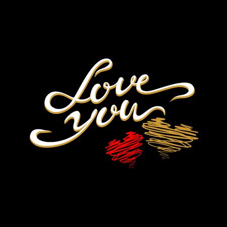 Love you Lettering with Hearts on Black background. Vector illustration.のイラスト素材