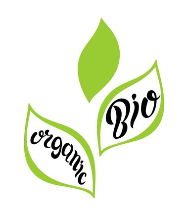 Lettering Calligraphy Icons for organic products. Leaves Organic Bio  Vector illustration.のイラスト素材