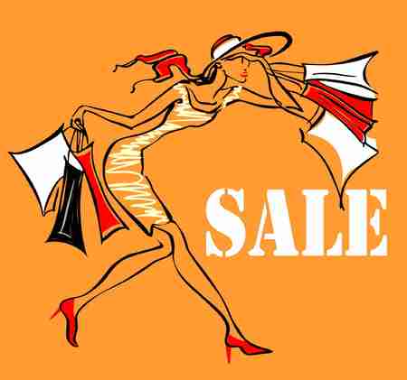 Theme shopping discounts sale. Woman hurries to have time to buy product at a discount!のイラスト素材