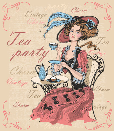 Vintage lady in a hat drinking tea. Lady in crinoline. Tea party. Charm. Vintage. Inscriptions.  Time to drink tea. Vectorのイラスト素材