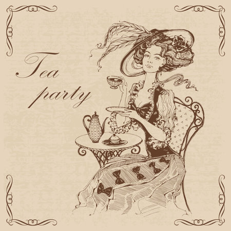 Beautiful vintage lady. Tea party.Inscription.  Girl in a hat drinking tea. Engraving. Graphics. Brown. Vectorのイラスト素材