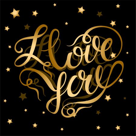 I love you. Valentine. Gold lettering in the shape of a heart. Starry background.Holiday card. Lettering. Vector.のイラスト素材