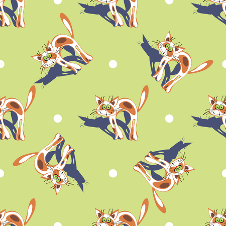 Red cat. Seamless pattern. Print. Funny cartoon kitten. Green polka dots background. Vector.のイラスト素材