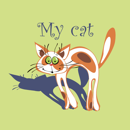 Cheerful cat with red spots on the fur. Cartoonish. My cat. Inscription.Green background.  Vector.のイラスト素材