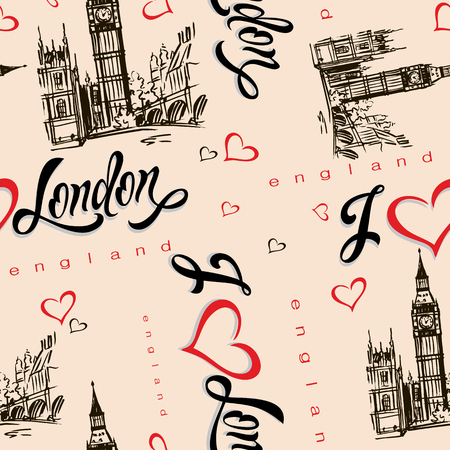 Seamless pattern. I love London. England.  Lettering. Heart. Big Ben. Sketch. Vector.のイラスト素材