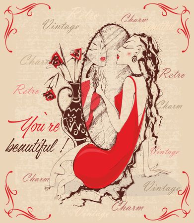 Retro-style. Vintage postcard. The lady in the mirror. Inscriptions. You're beautiful. Charm. Vectorのイラスト素材