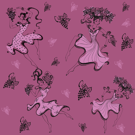 Seamless pattern. Girls collect grapes. Harvest. Grape. Print. Dancing girl. Vector.のイラスト素材