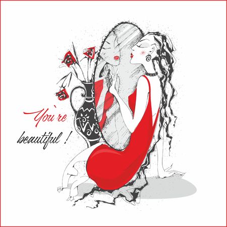 You're beautiful. Inscription. Postcard. The girl in the red dress near the mirror. Vectorのイラスト素材