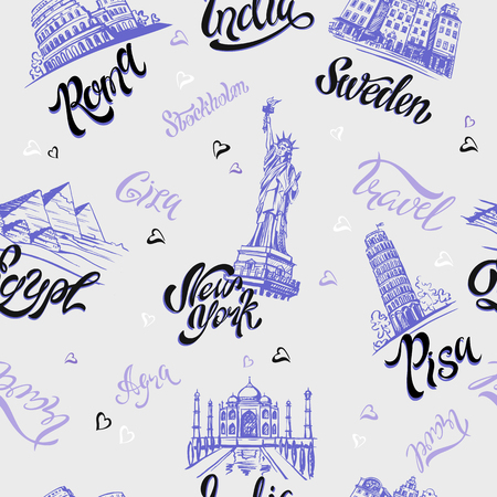 Seamless pattern with landmarks city of America, Sweden, India, Egyptのイラスト素材