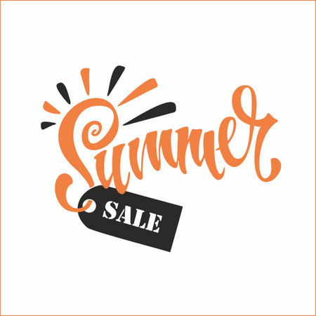 Summer sale.  Lettering. Sun and rays. Tag design for discount. Shopping on site. Vector illustrationのイラスト素材