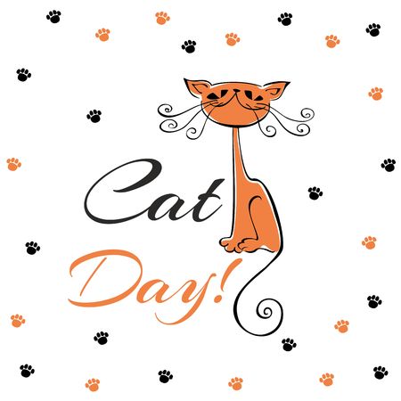 International day of cats. Holiday card. Red cat cartoon. Funny cheerful kitten. Cat's footprints. Vector illustrationのイラスト素材
