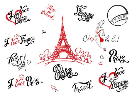 Paris. France. Set of elements for design. Eiffel tower sketch. Inspiring lettering. Label templates. Girl model.Vectorのイラスト素材