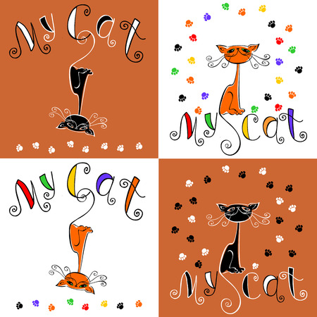 Seamless pattern. My cat. Lettering. Funny cartoon cats. Cat paw prints . Checkered background Vectorのイラスト素材