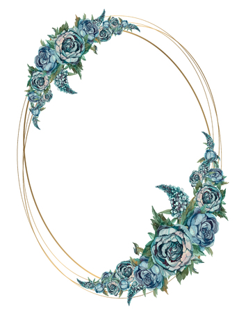Oval gold frame with turquoise watercolor flowers.のイラスト素材