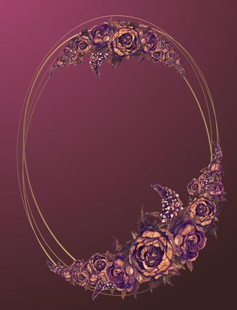 Oval gold frame with Burgundy watercolor flowers.のイラスト素材