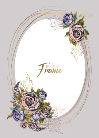 Oval festive frame with with bouquets of flowers .のイラスト素材
