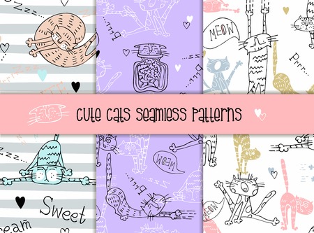 Set of seamless patterns of cats in a cute style.のイラスト素材