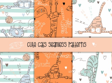 Set of seamless patterns of funny cats in a cute styleのイラスト素材