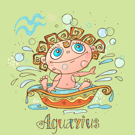 Children's horoscope icon. Zodiac for kids. Aquarius sign . Vector. Astrological symbol as cartoon characterのイラスト素材