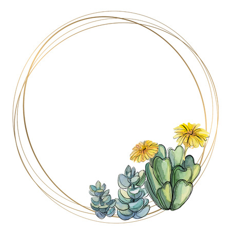 Round gold frame with succulents. Watercolor. Vectorの写真素材