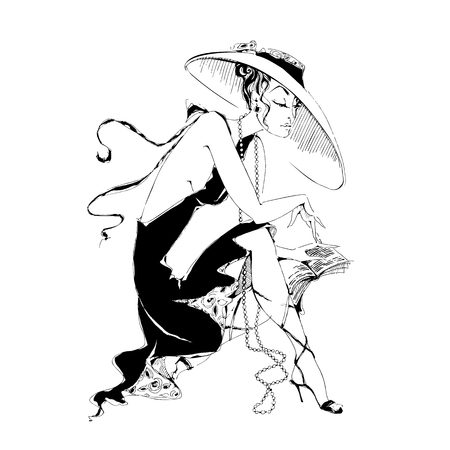 Girl in a hat resting and reading a book. Stylish graphics.のイラスト素材