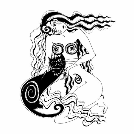 Girl with cat. Decorative vintage postcard . Vectorのイラスト素材