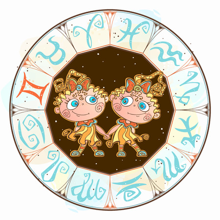 Horoscope for children sign Gemini in the zodiac circle. Vector.のイラスト素材