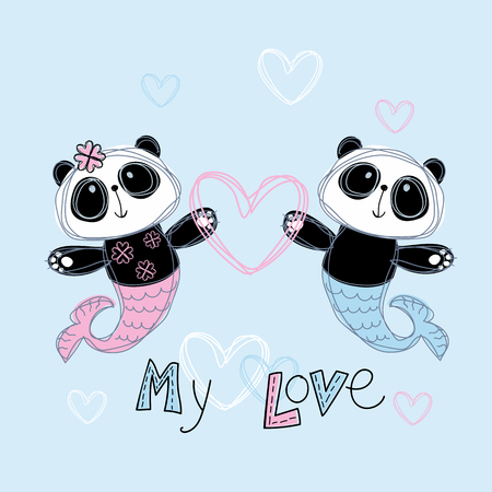 Loving mermaid Panda. Boy and girl.のイラスト素材