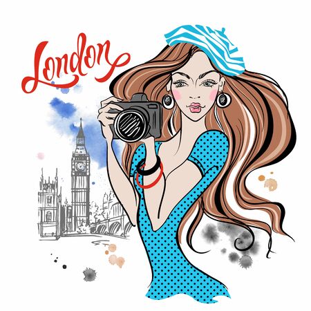 Girl tourist with a camera in London.のイラスト素材