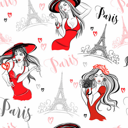Seamless pattern. Elegant girls in Paris.のイラスト素材