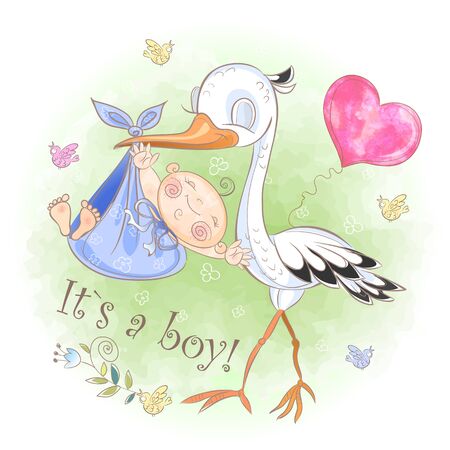 Stork flies with baby boy. Baby shower. Postcard for the birth of a baby. Vector. Watercolorのイラスト素材