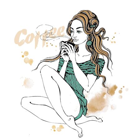 Stylish girl with a Cup of coffee. Coffee stains. Vector.のイラスト素材