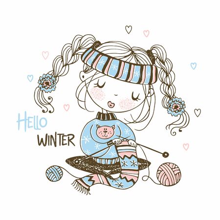 Cute girl is preparing for the winter knitting a scarf. Hello winter. Vector.のイラスト素材