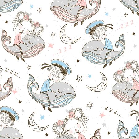 Seamless pattern with cute kids sleeping on whales. Sweet dream. Vector.のイラスト素材