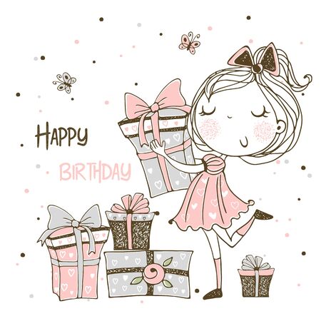 Card to the birthday with a cute Princess and a large birthday cake. Vector.のイラスト素材