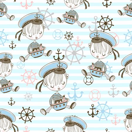 Seamless pattern with cute sailor boys. Vector.のイラスト素材