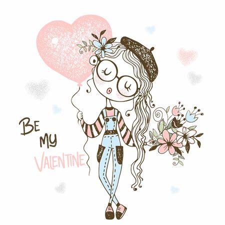 Cute girl with a balloon in the form of a heart and a bouquet of flowers. Valentine. Vector.のイラスト素材