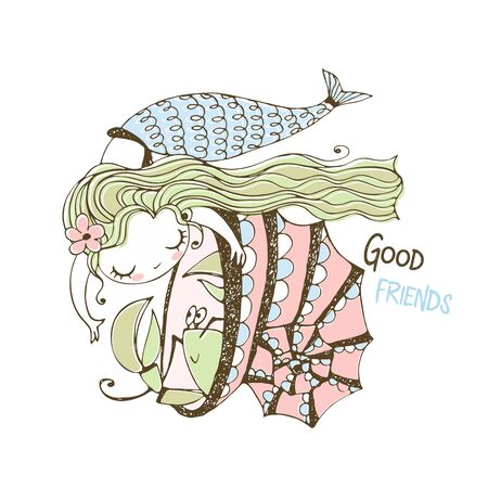 Cute little mermaid playing with cancer sitting in a shell. Vector.のイラスト素材