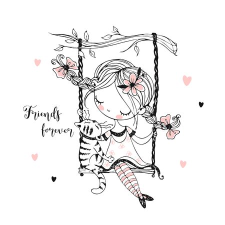 A cute girl with pigtails swings on a swing with her cat. Vector. Coloring.のイラスト素材