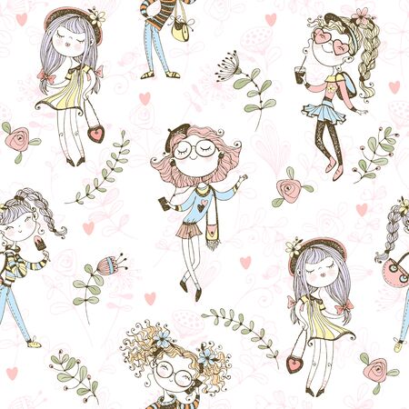 Seamless pattern with cute trendy teen girls . Vector.のイラスト素材