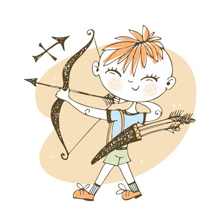 Children's zodiac. Sagittarius sign. Boy with a bow. Vector.のイラスト素材