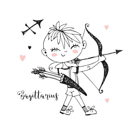 Children's zodiac. Sagittarius sign. Boy with a bow. Vector. Black and white.のイラスト素材