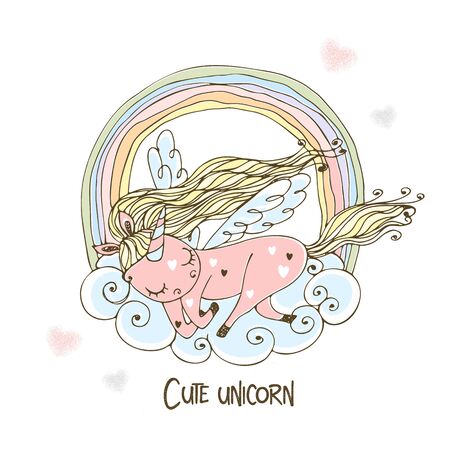 A cute unicorn with wings sleeps sweetly on a cloud with a rainbow. Vector.のイラスト素材